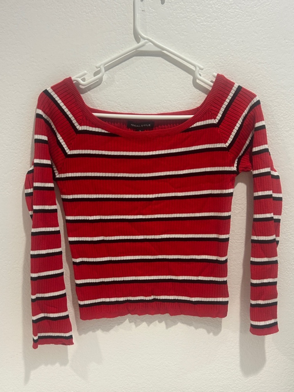 Kendall & Kylie Red White Black Striped Ribbed Long Sleeve Top